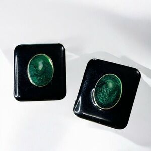 Vintage Black and Green Square Enamel Earrings